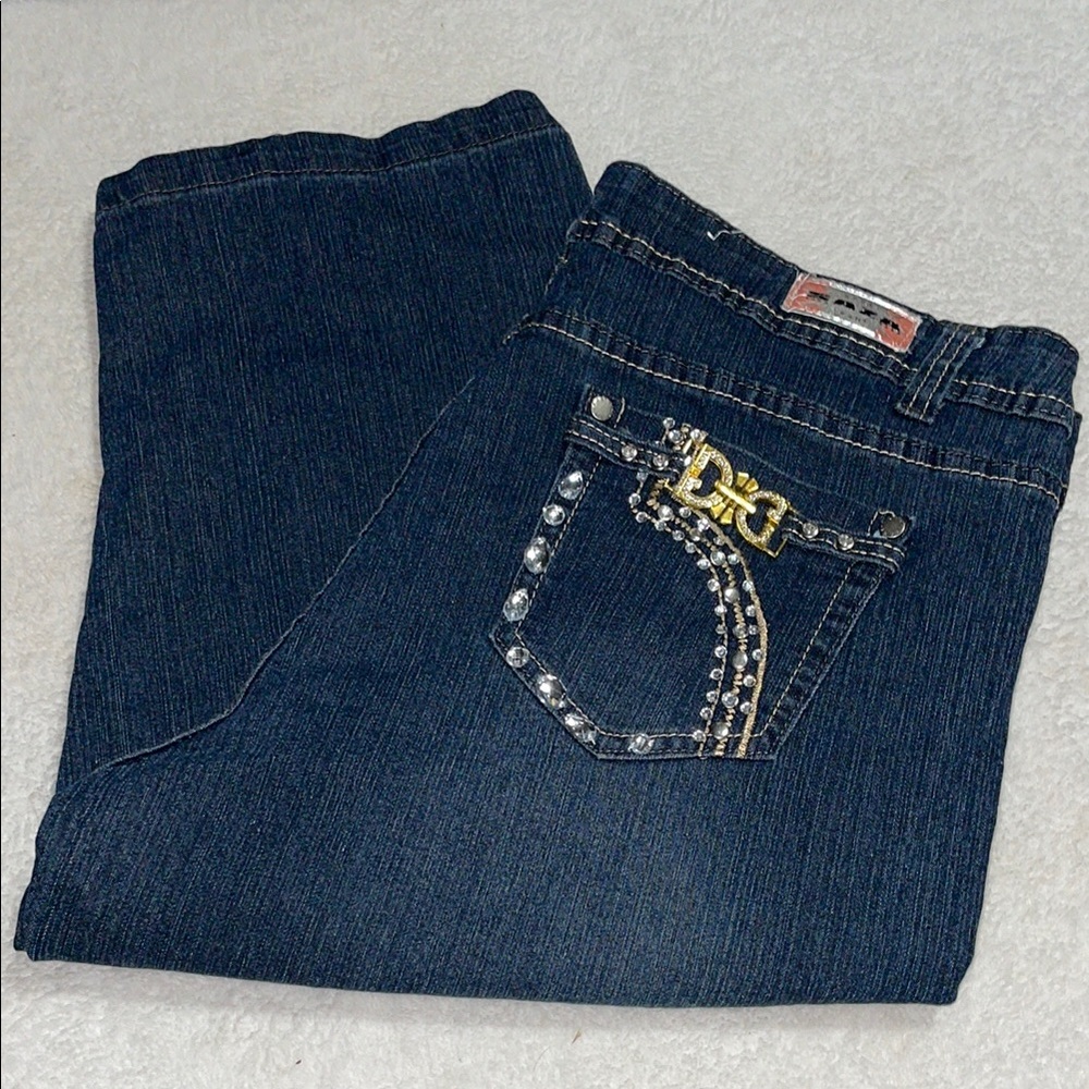 Saza Embellished Blue Denim Capris with Gold Accents